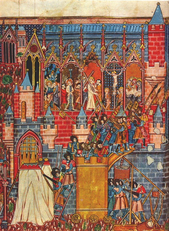 Medieval siege tower: crusaders attacking the walls of Jerusalem in 1099 in a medieval manuscript
