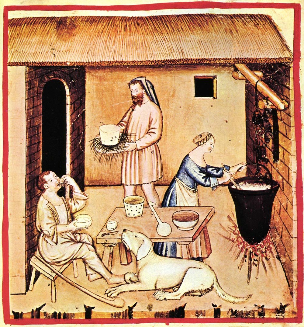 Medieval cheeses shown in a 14th-century Tacuinum Sanitatis manuscript