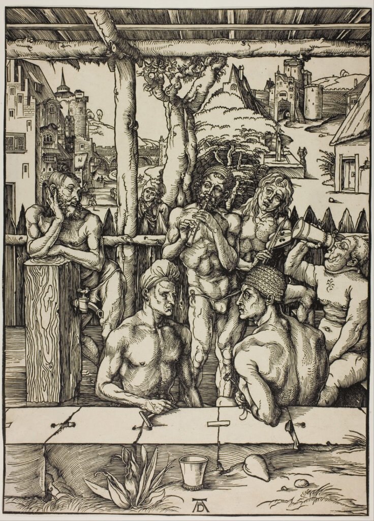 Albrecht Dürer's woodcut The Men's Bath, showing a late medieval bathhouse