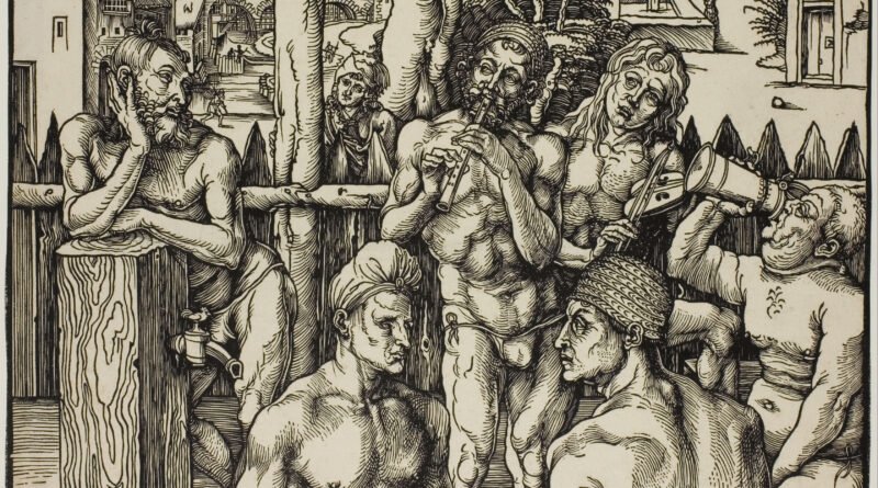 Albrecht Dürer's woodcut The Men's Bath, showing a late medieval bathhouse