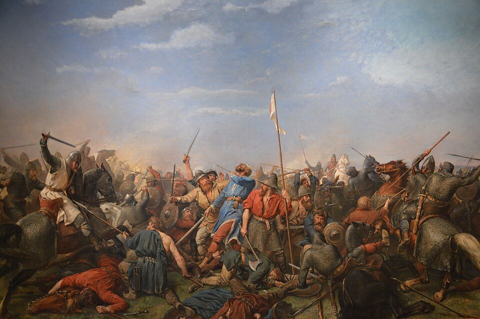 Viking horned helmets myth: Norwegian warriors at the Battle of Stamford Bridge in 1066, painted by Peter Nicolai Arbo in 1870