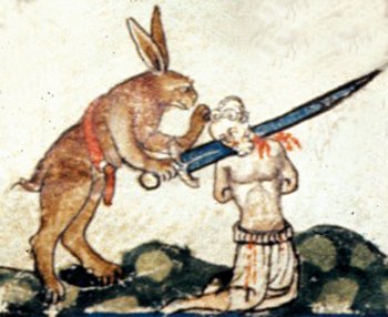 Medieval marginalia: a rabbit beheading a man in the margin of a 14th-century manuscript