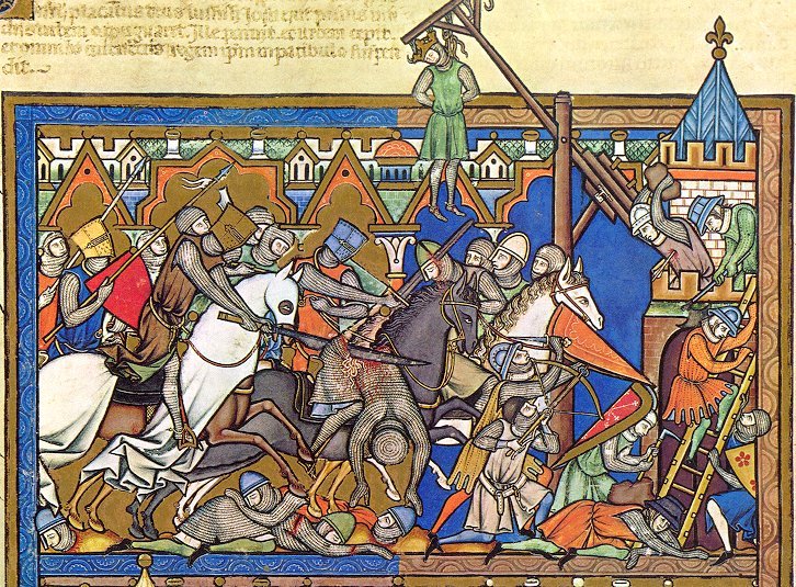 Medieval battering ram era: an army storming a town in a 13th-century French miniature from the Maciejowski Bible