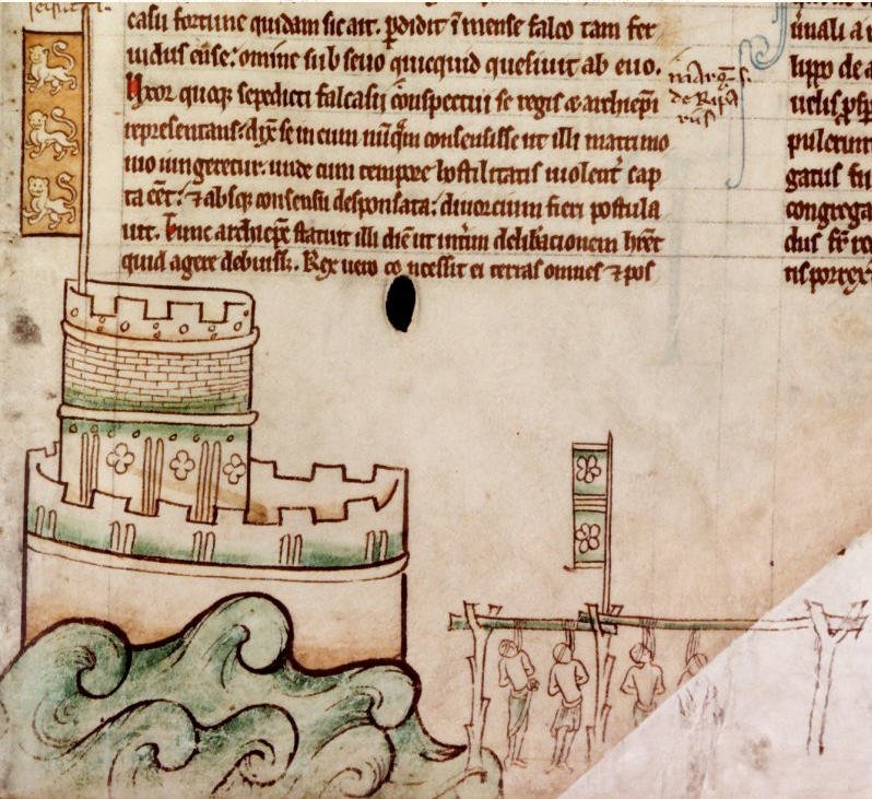 Medieval siege mining at Bedford Castle in 1224: a drawing by Matthew Paris of the castle's keep and tower during the siege