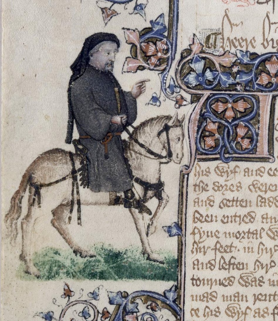 Medieval pilgrimage: Geoffrey Chaucer on horseback as a pilgrim, from the Ellesmere manuscript of the Canterbury Tales