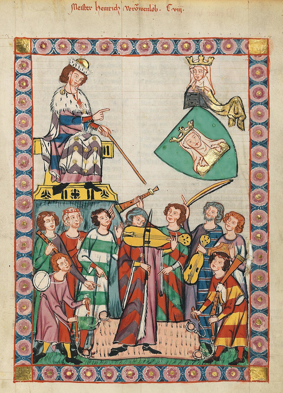 The poet Frauenlob enthroned above a band of minstrels with fiddle, bagpipe and drum in the Codex Manesse