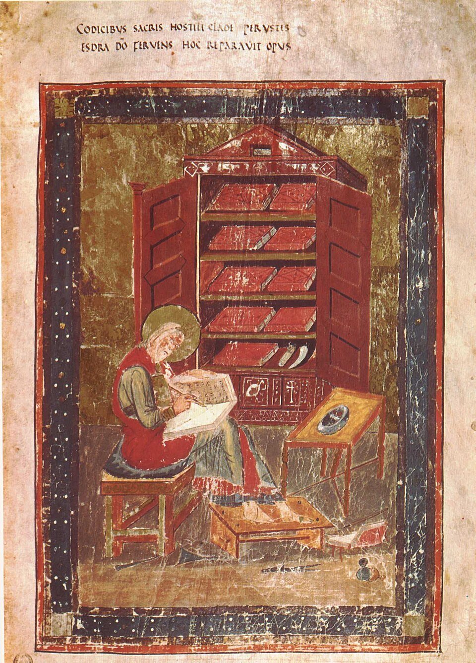 The prophet Ezra writing at his desk in the Codex Amiatinus, with a book cupboard behind him