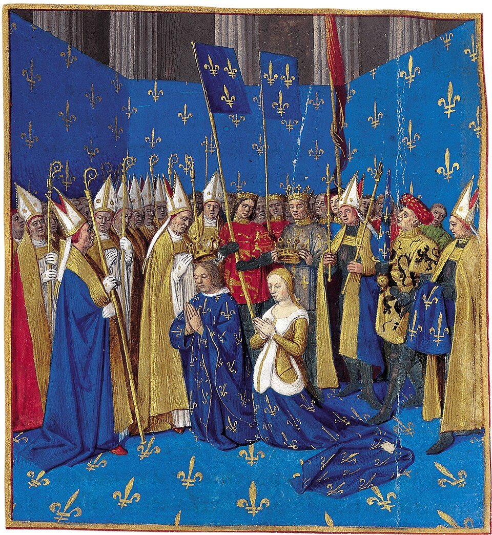 The coronation of Louis VIII and Blanche of Castile at Reims in 1223, painted by Jean Fouquet