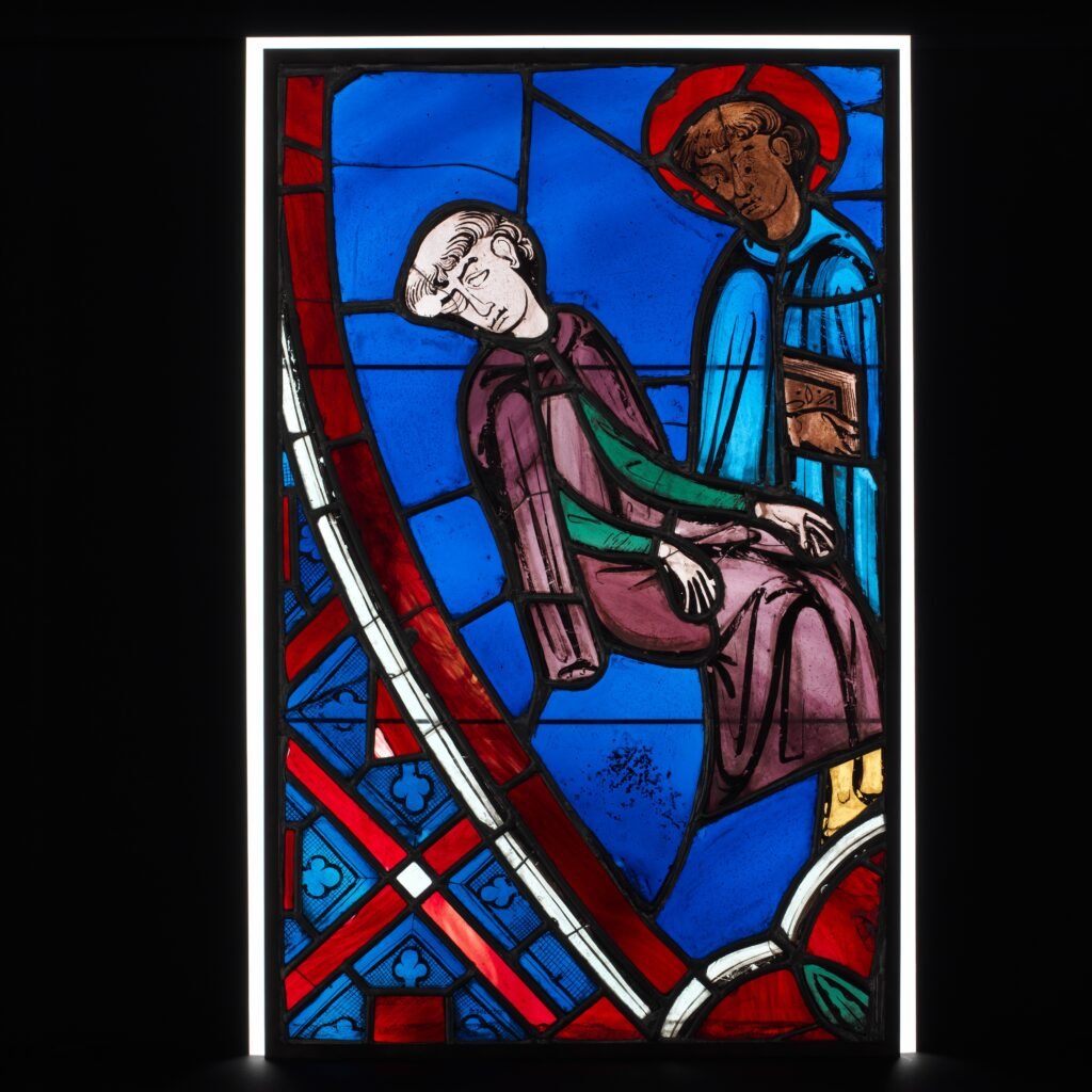 Stained glass panel of the Vision of Saint Germain of Paris, made in Paris around 1245–47