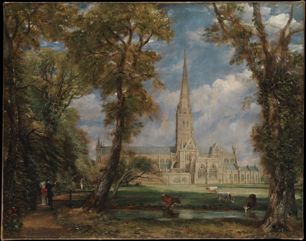 Salisbury Cathedral, a Gothic cathedral with a tall spire, painted by John Constable around 1825