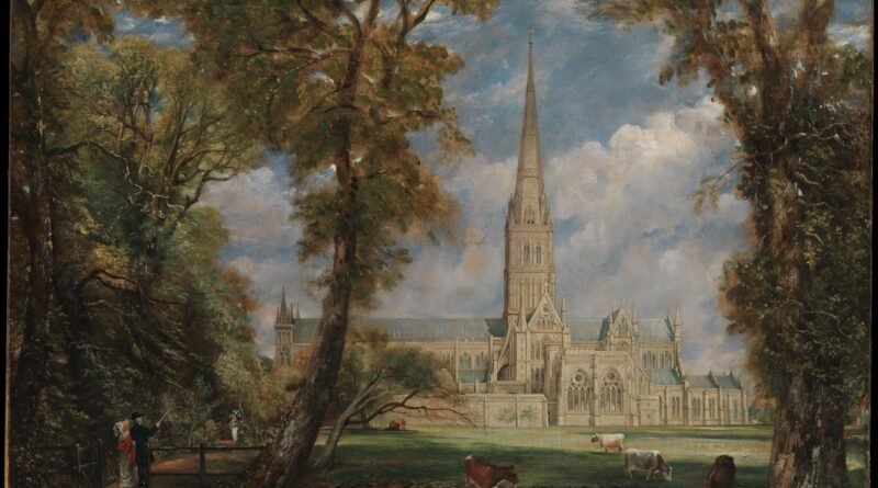 Salisbury Cathedral, a Gothic cathedral with a tall spire, painted by John Constable around 1825