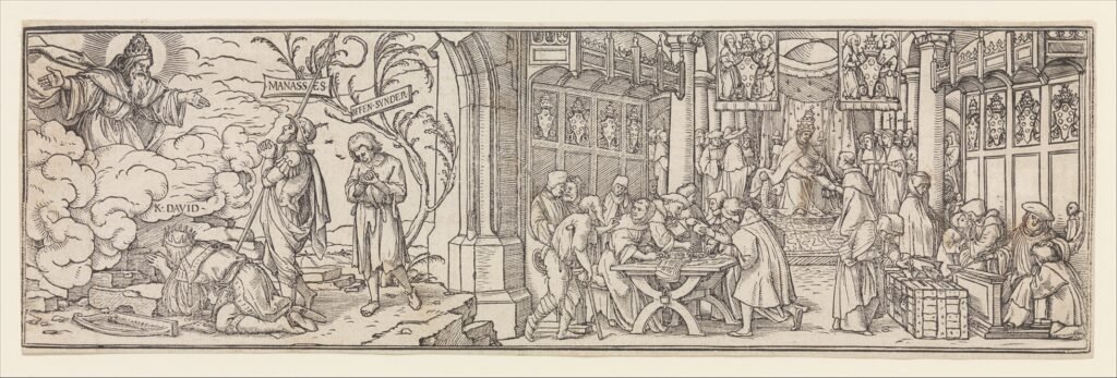 The Selling of Indulgences, a 16th-century woodcut designed by Hans Holbein the Younger, showing pardons being sold in a church