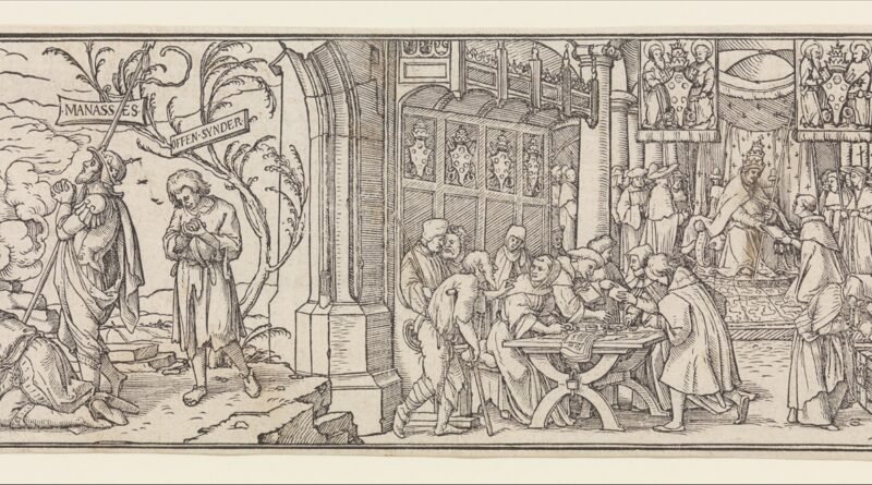 The Selling of Indulgences, a 16th-century woodcut designed by Hans Holbein the Younger, showing pardons being sold in a church
