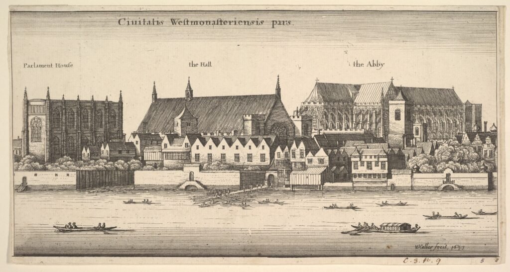 Westminster seen from the River Thames in 1647, with the Parliament house, Westminster Hall and the Abbey, in an etching by Wenceslaus Hollar