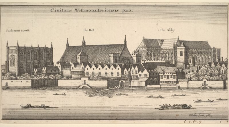 Westminster seen from the River Thames in 1647, with the Parliament house, Westminster Hall and the Abbey, in an etching by Wenceslaus Hollar