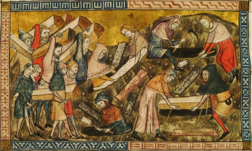 Black Death in Tournai: townspeople carrying coffins and digging graves for plague victims, from a Flemish chronicle of around 1353