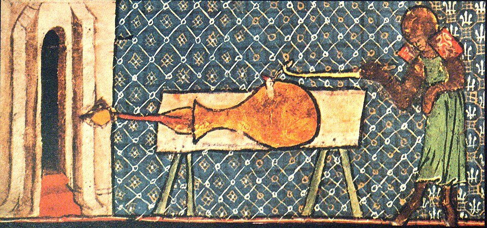 Gunpowder and castles: the earliest European picture of a cannon, a vase-shaped gun loaded with a huge arrow, from Walter de Milemete's treatise of 1326