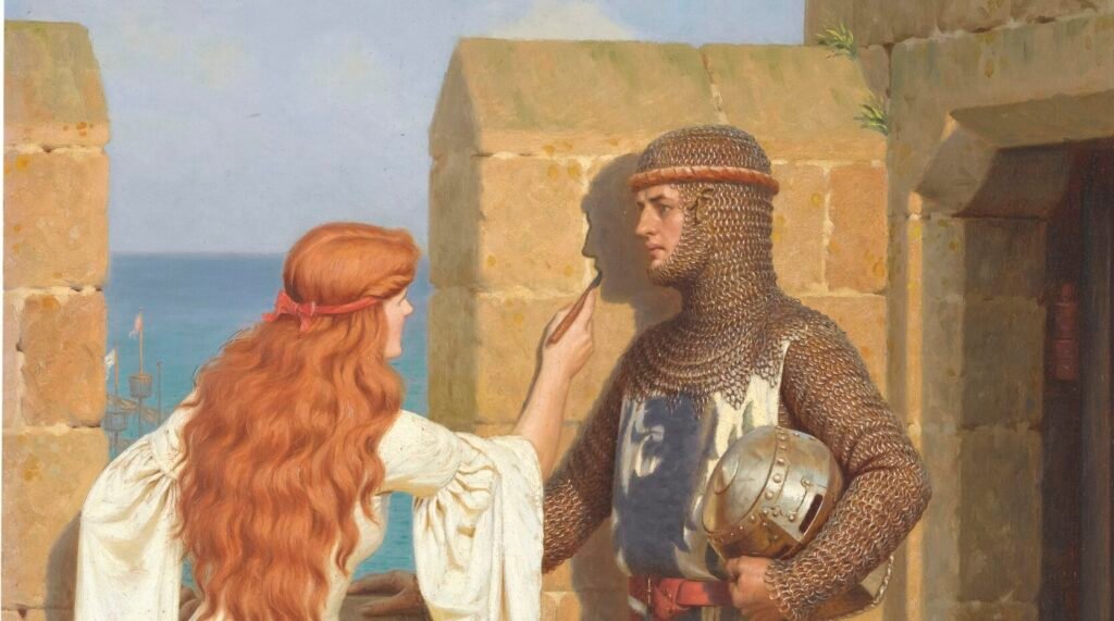 The Shadow, a painting of a knight and his lady by Edmund Blair Leighton, 1909