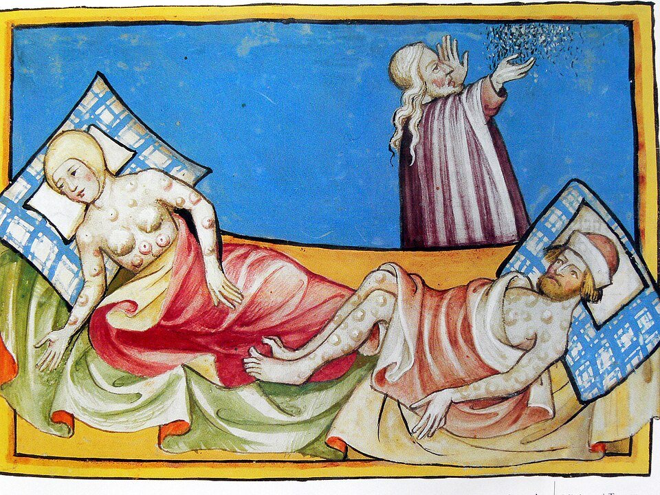 People covered in sores lying in bed, the biblical plague of boils painted in the Toggenburg Bible of 1411