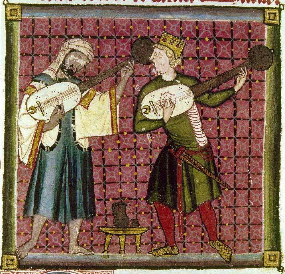 Medieval music: a Christian and a Muslim musician playing lutes together in the 13th-century Cantigas de Santa Maria