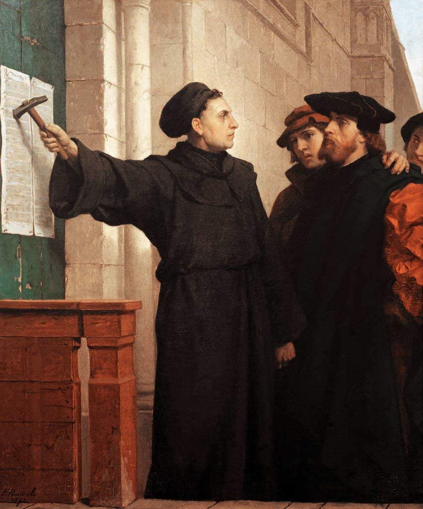 A 19th-century painting of Martin Luther fixing his Ninety-five Theses to a church door in Wittenberg