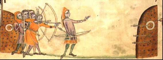 Medieval English longbowmen practising archery in the 14th-century Luttrell Psalter