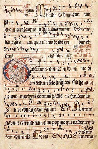 A page of chant written on a musical staff in the Graduale Aboense, a medieval Finnish choir book