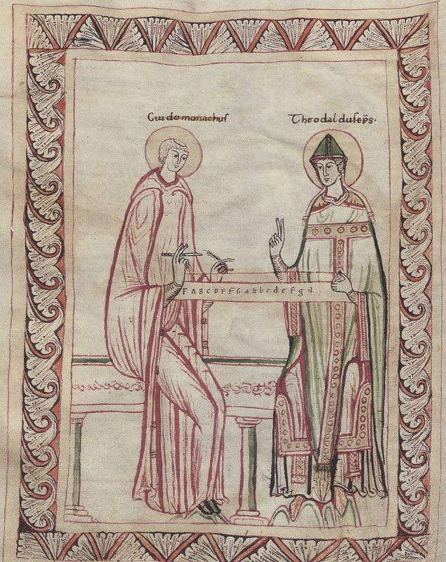 Medieval music teaching: Guido of Arezzo showing Bishop Tedald the monochord in an 11th-century manuscript