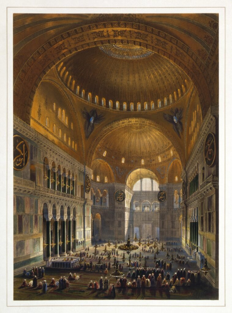 East-West Schism: the vast nave of Hagia Sophia in Constantinople, in a lithograph of 1852 after Gaspare Fossati