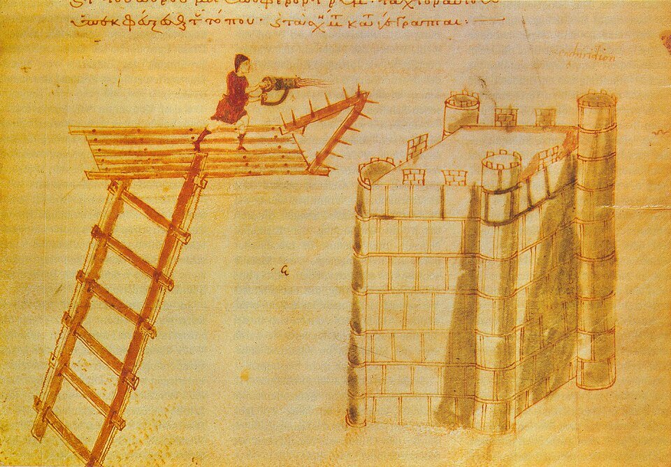 A Byzantine soldier spraying Greek fire from a hand siphon in a medieval manuscript