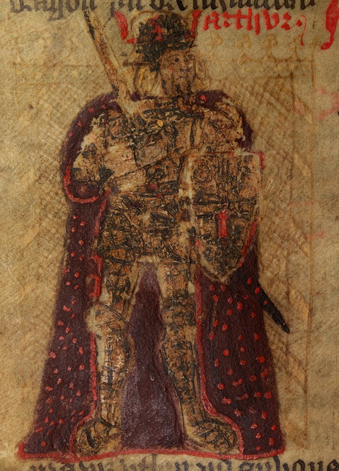 Was King Arthur real? A crowned King Arthur painted in a medieval manuscript