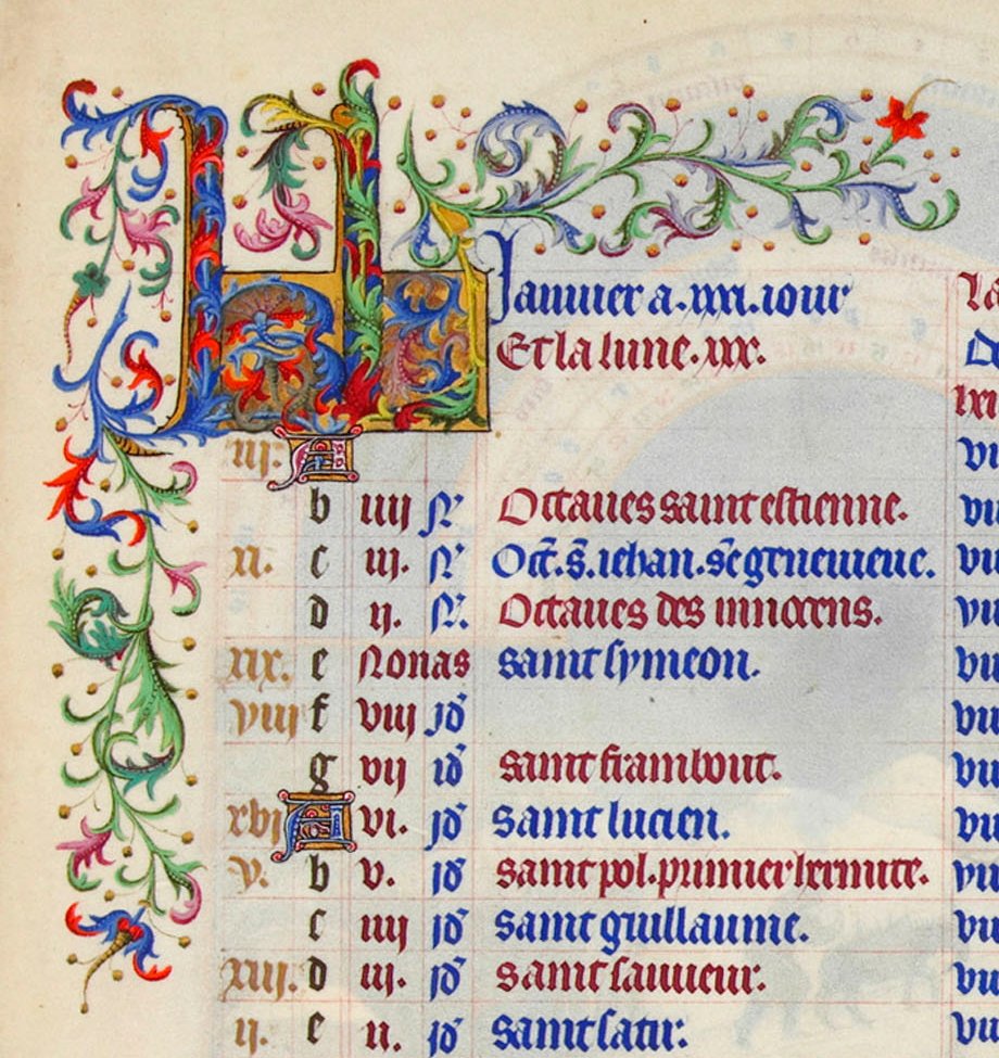 Gold initials KL decorating the January calendar page of the Très Riches Heures