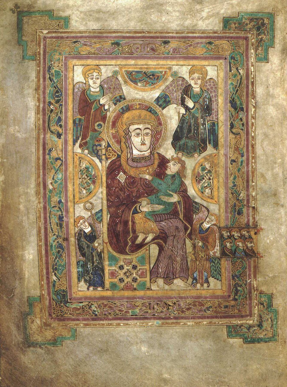 Mary holding the infant Jesus, with angels around them, on page 7v of the Book of Kells