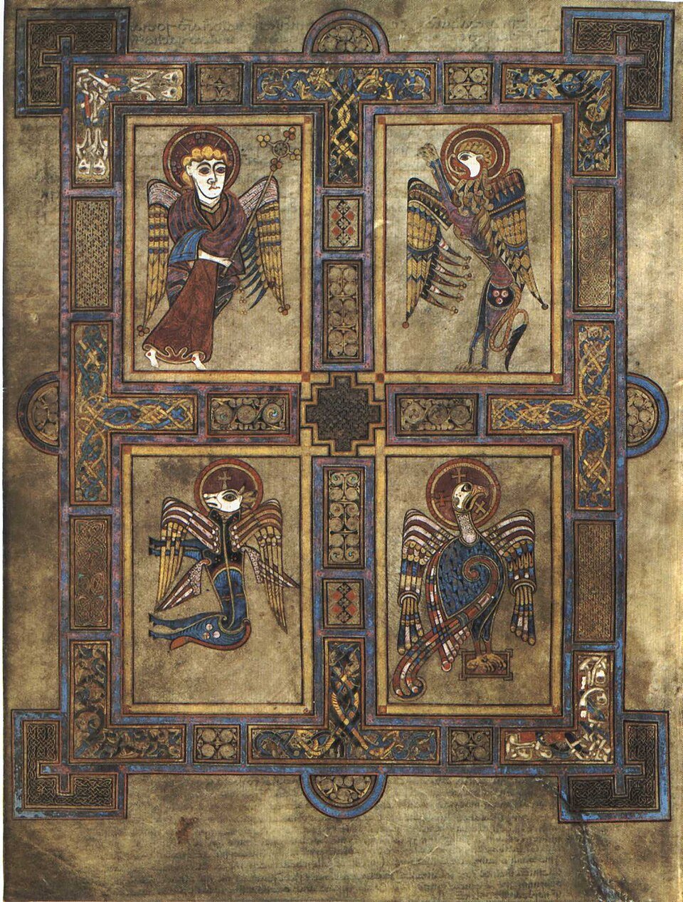 Book of Kells page 27v with the emblems of the four evangelists, a winged man, a lion, a calf and an eagle
