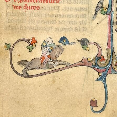 Medieval marginalia: a knight fighting a snail in a 14th-century manuscript