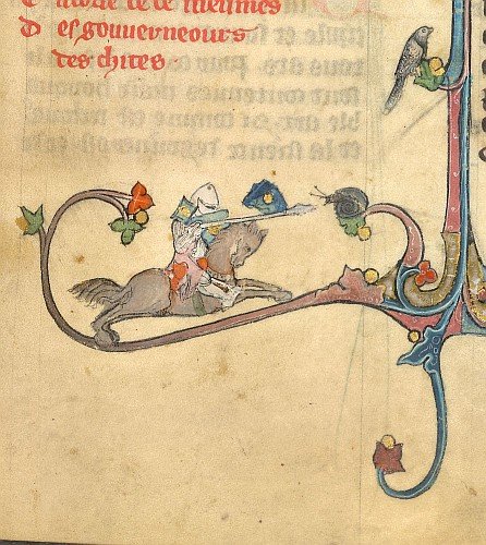 Medieval marginalia: a knight fighting a snail in a 14th-century manuscript