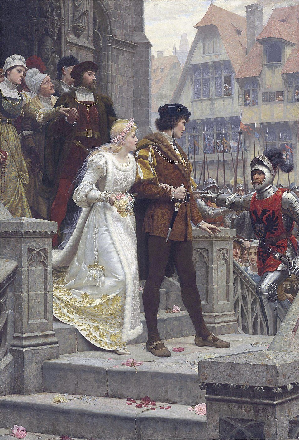 A wedding procession interrupted by a knight in armour summoning the bridegroom to war, painted by Edmund Blair Leighton in 1888