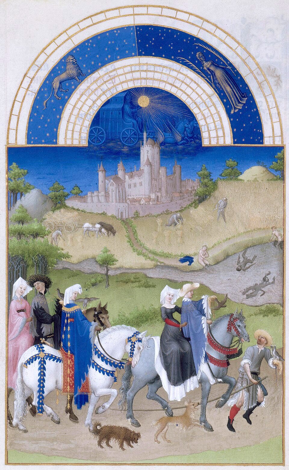 Peasants harvesting and binding sheaves of grain while nobles ride out hawking, the August page of the Très Riches Heures