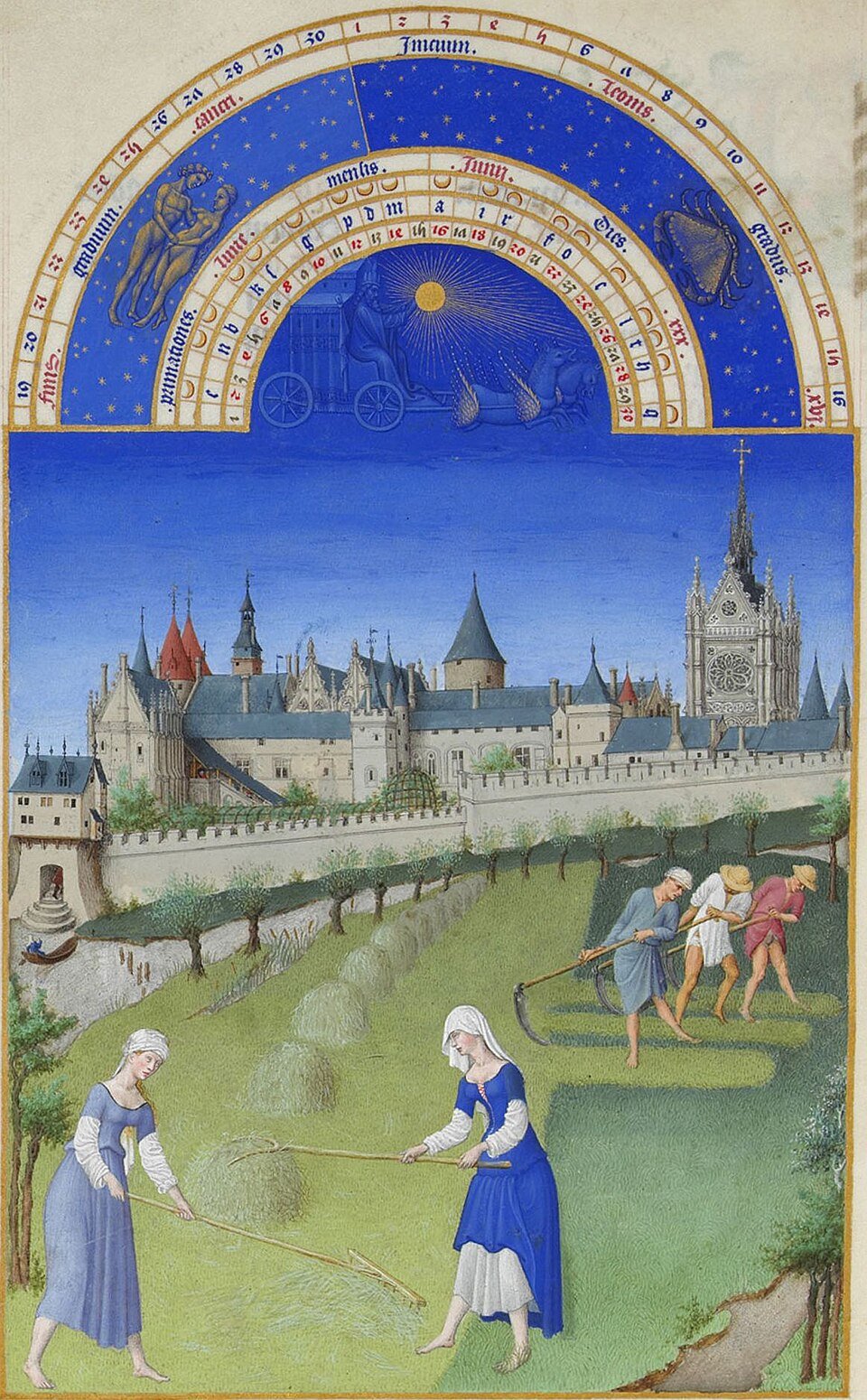 Peasants making hay in light working clothes, from the June page of the Très Riches Heures