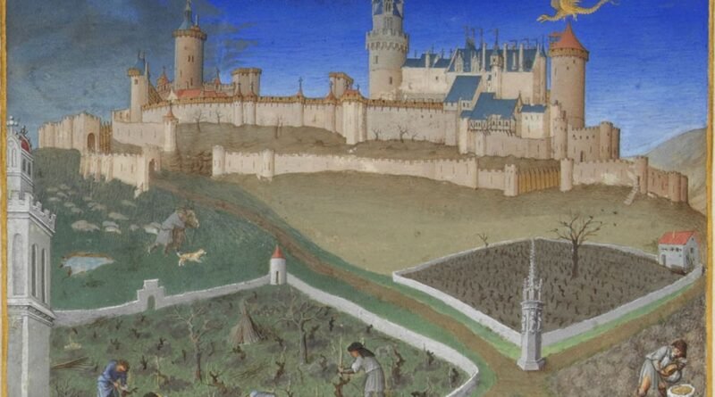 What was feudalism: peasants working the fields below a castle in the Très Riches Heures du duc de Berry