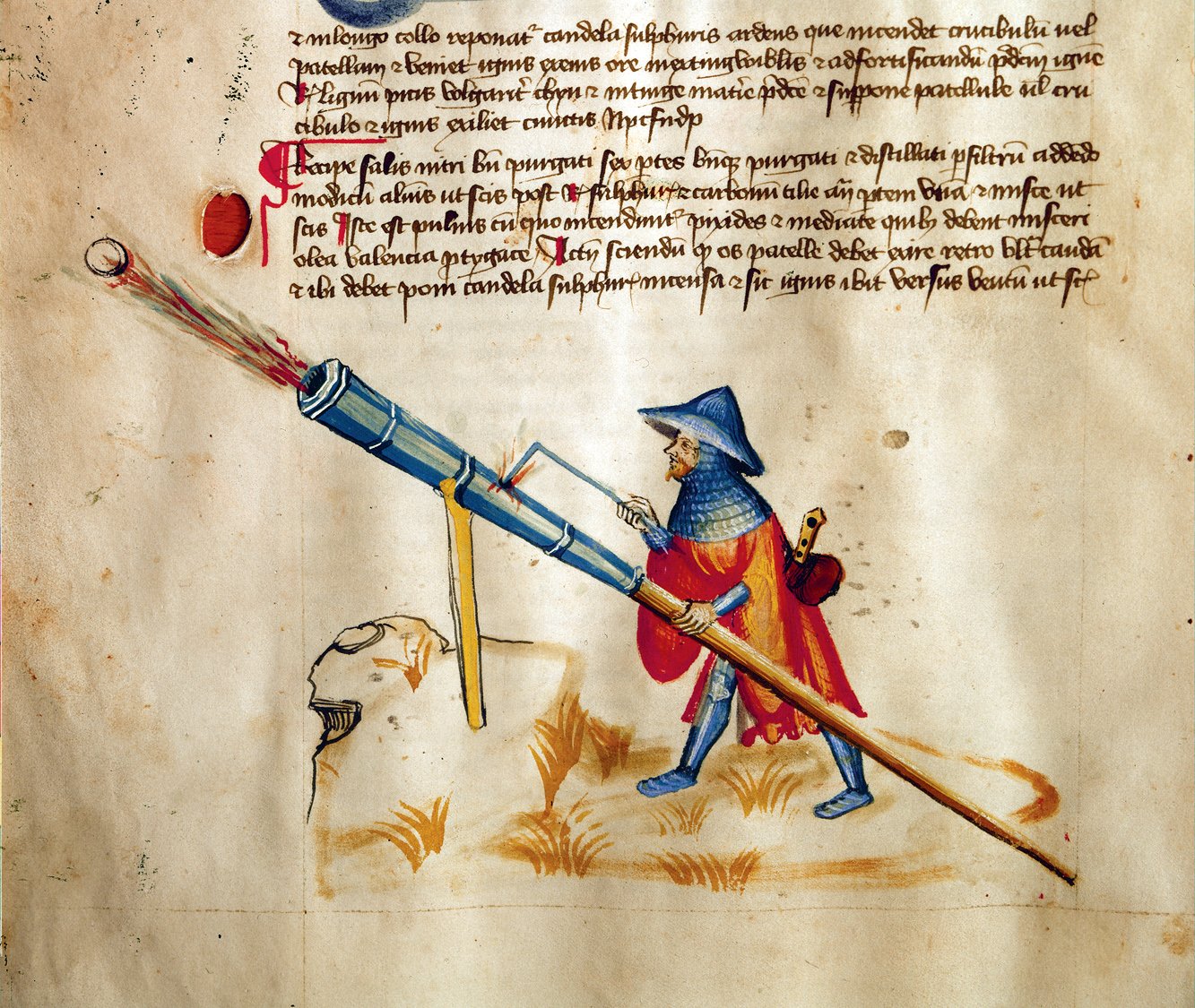 Chastity belts myth: a hand cannon on a stand from Konrad Kyeser's Bellifortis, the war manual that also holds the oldest surviving chastity belt sketch