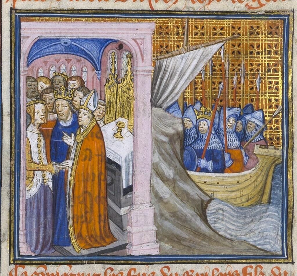 Eleanor of Aquitaine’s wedding to Louis VII and Louis leaving on the Second Crusade, in a medieval French manuscript