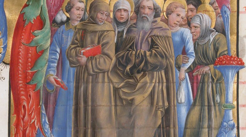 Medieval illuminated initial V showing All Saints, from an antiphonary in the Metropolitan Museum of Art