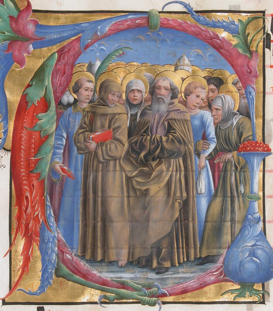 Medieval illuminated initial V showing All Saints, from an antiphonary in the Metropolitan Museum of Art