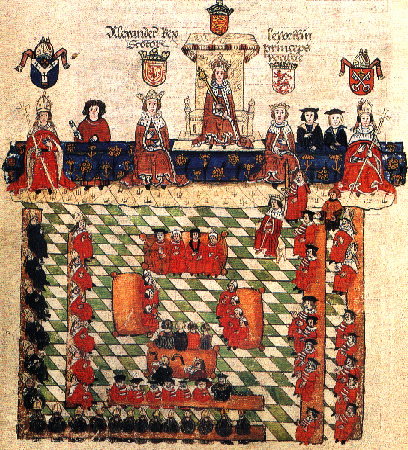 The origins of parliament: Edward I of England presiding over a medieval parliament, with bishops on one side and lords on the other, from a Tudor heraldic manuscript
