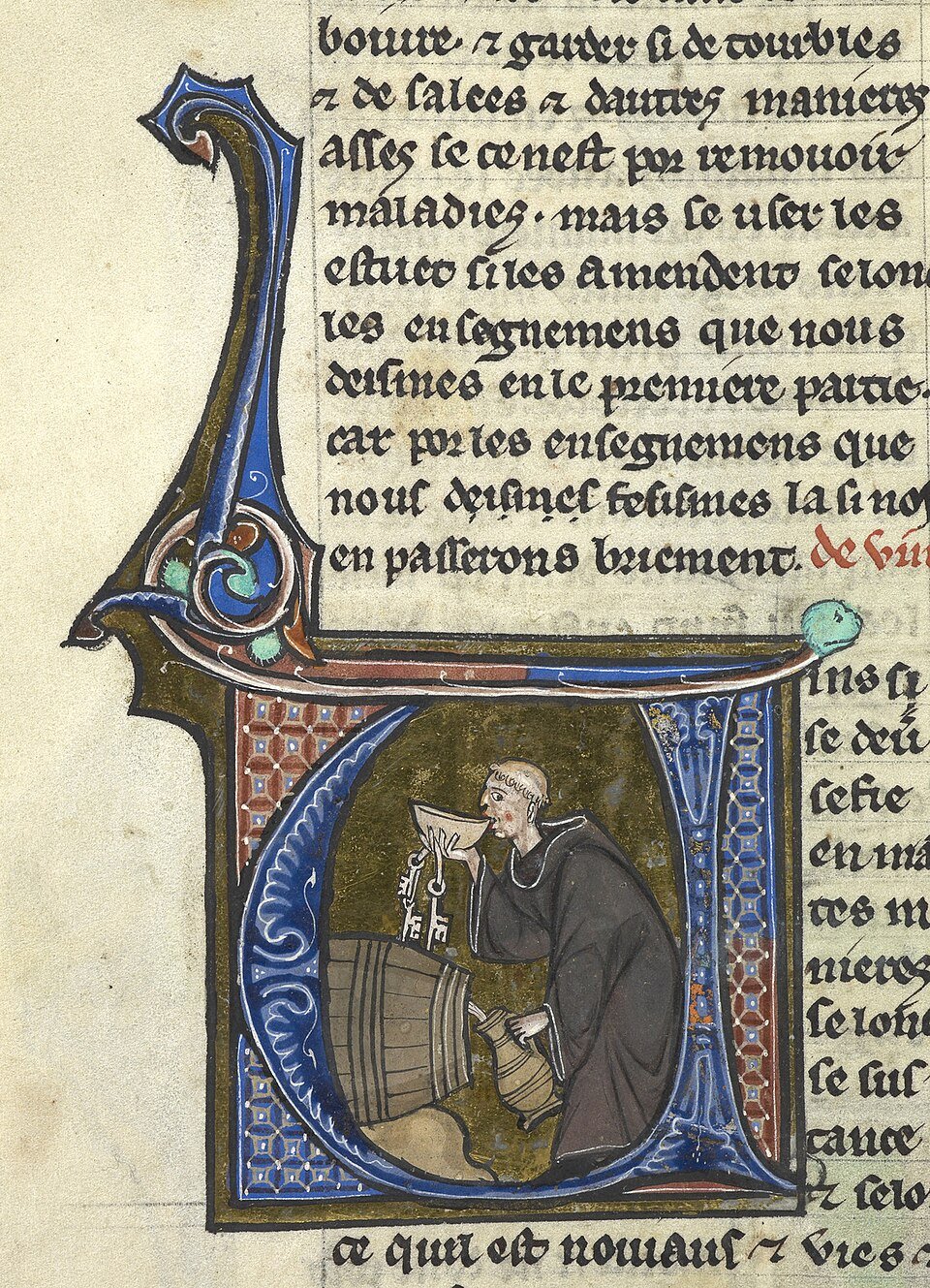 A medieval monk secretly drinking from a barrel in a 13th-century manuscript