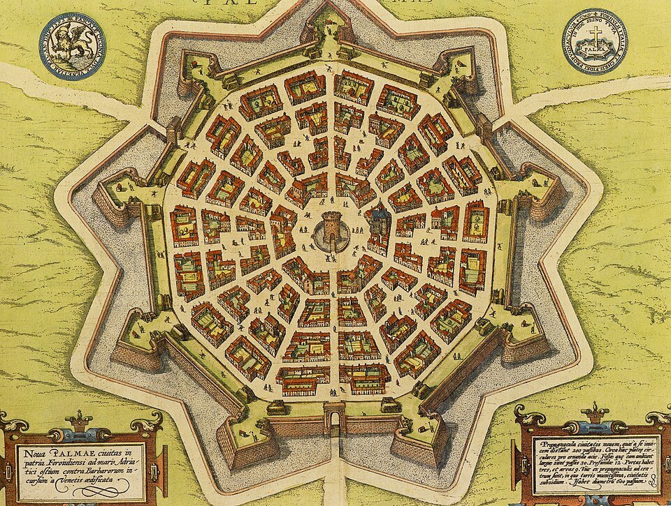 Plan of the star-shaped Venetian fortress town of Palmanova around 1600, with angled bastions designed to resist cannon fire