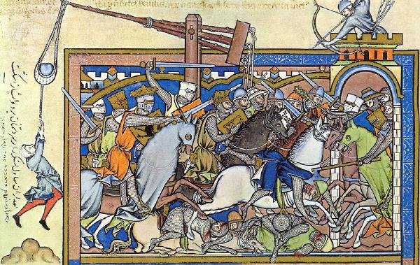 A stone-throwing siege engine in action, from a 13th-century French manuscript