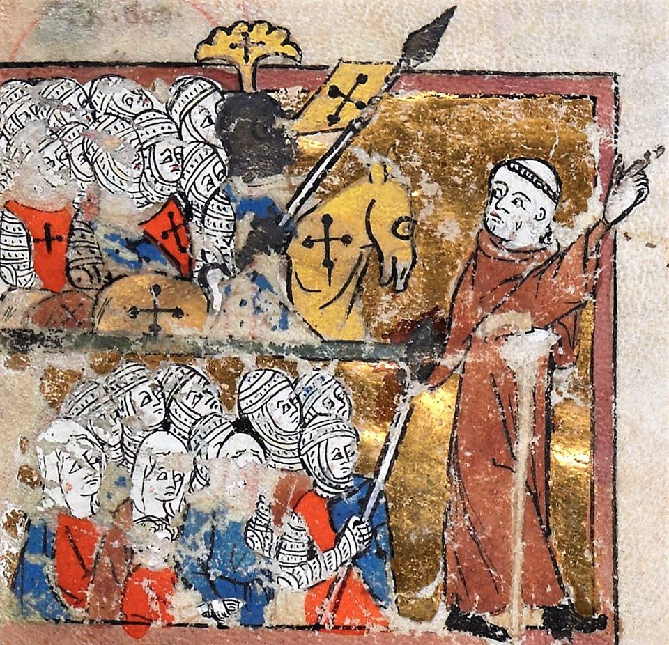 Peter the Hermit leading followers of the People's Crusade in a medieval manuscript