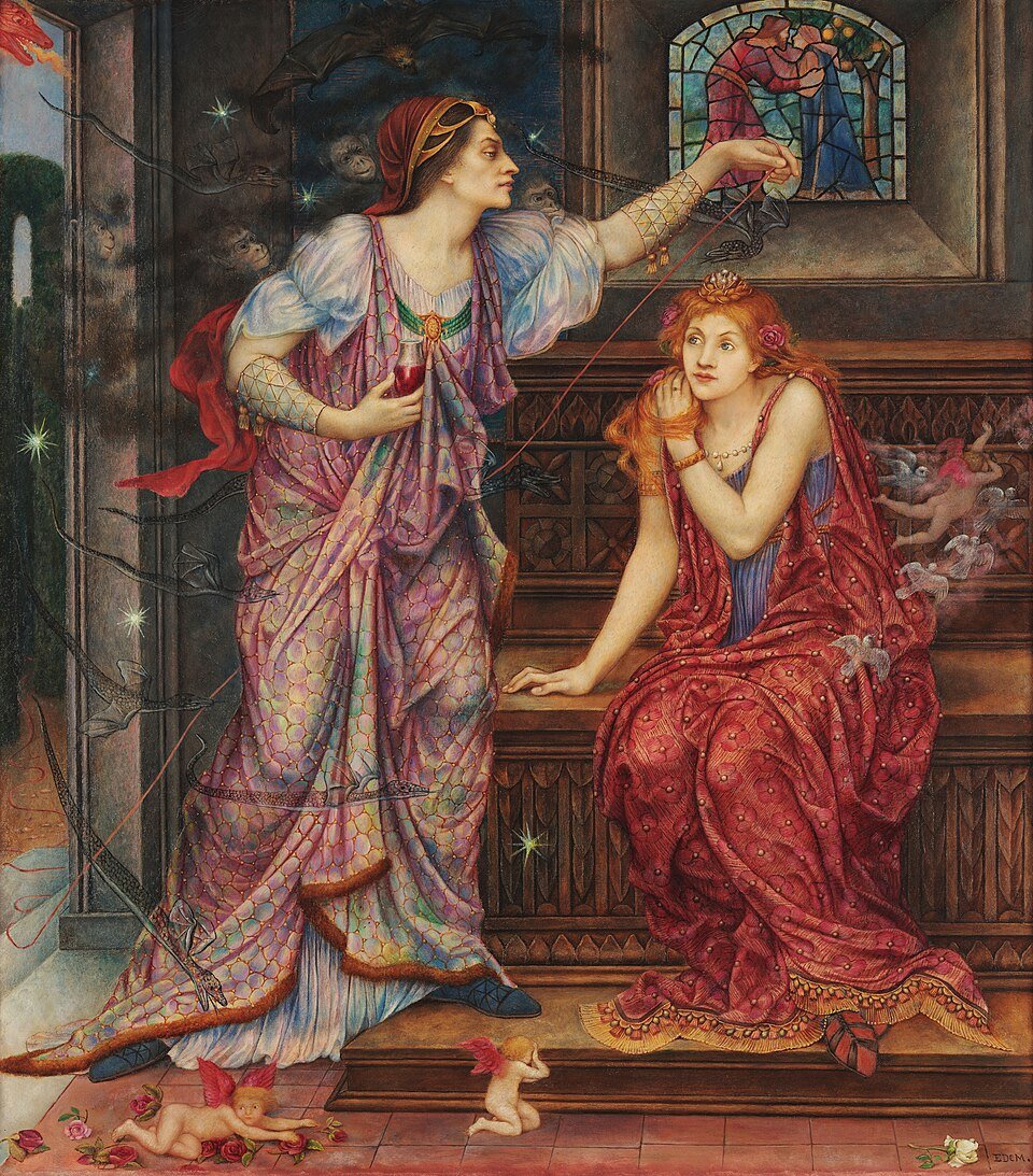 Evelyn De Morgan's painting of Queen Eleanor confronting Rosamund Clifford with a vial of poison
